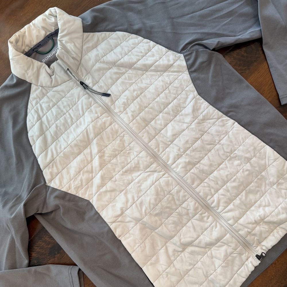 Bonobos Golf Jacket Mens Medium Gray White Quilted Primaloft Full Zip Softshell